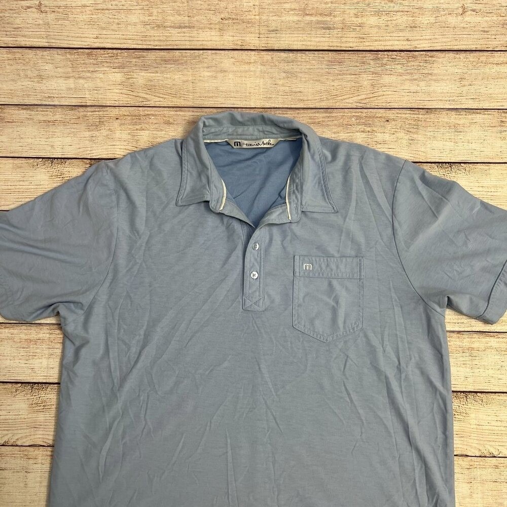 TravisMathew Polo Shirt Mens XL Light Blue Pima Cotton Blend Chest Pocket Logo - Picture 12 of 13